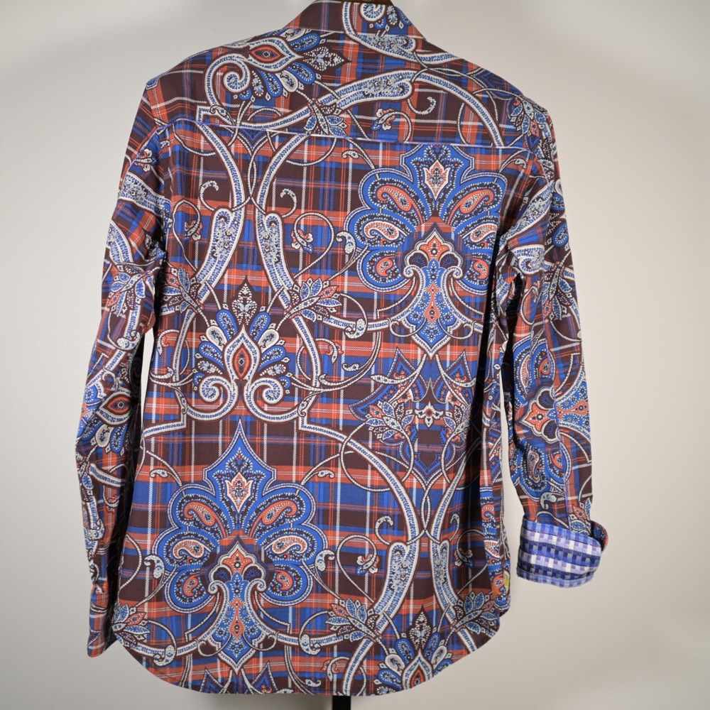 Robert Graham Mens Paisley Plaid Button Down Shirt Blue Orange Classic Fit L - Picture 3 of 13